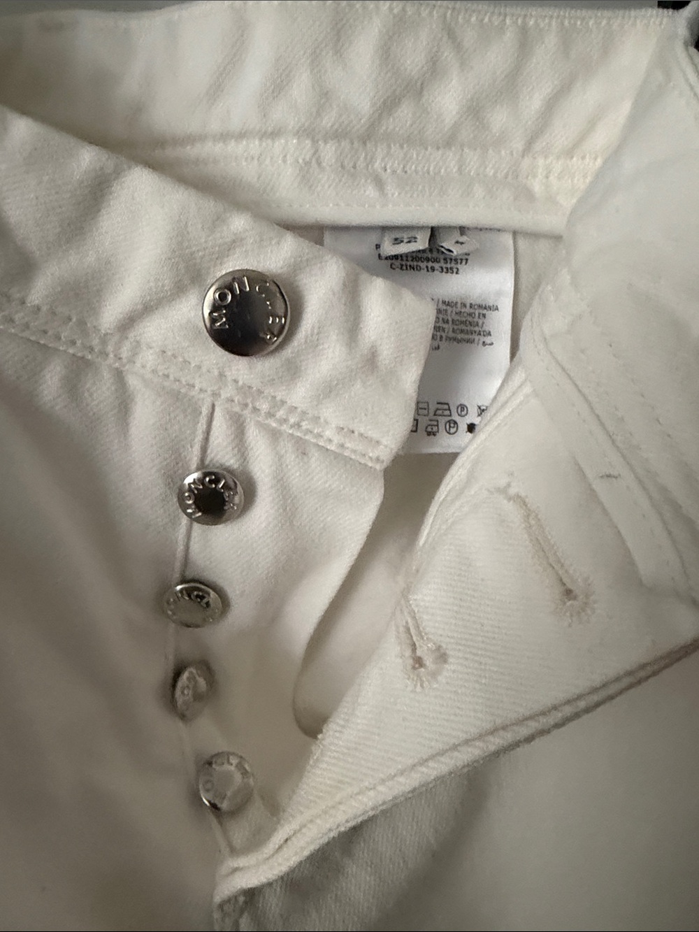Moncler Men's Straight White Jeans with Silver Buttons